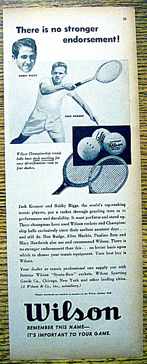 1948 Wilson Tennis Rackets & Balls W/riggs And Kramer