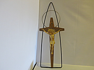 Art Deco Crucifix Jesus Christ Wood Rod Iron Wall Decor