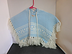 Vintage Zhivago Knit Baby Poncho With Hood And Tassels Blue White