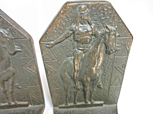 Copper Bronzed Indian Bookends Sun Worship On Horse Signed Ct