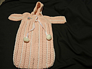 Hand Crochet Pink Baby Bunting 0 - 6 Months Bunny Blowing Horn