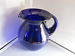 Cobalt Blue Pitcher Blown Glass Applied Handle