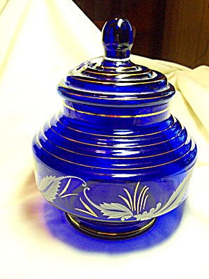 Cobalt Blue Glass Bisquit Jar Hand Painted