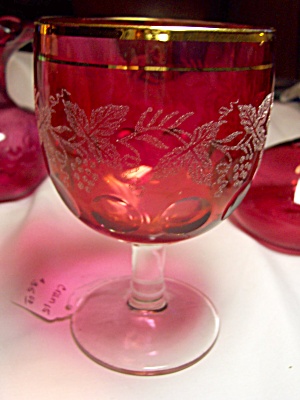Cranberry Glass Thumbprint Goblet Grapevine
