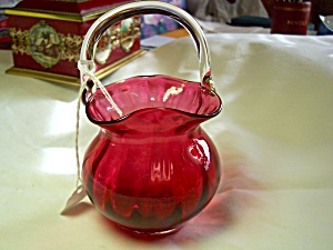 Cranberry Glass Basket Melon Shaped
