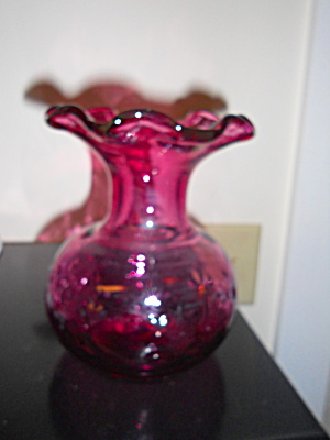 Cranberry Glass Vase With Hearts Ruffled Rim