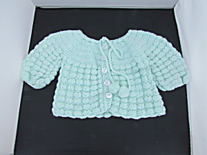 Hand Made Crochet Baby Sweater Green W Pearl White 0-6