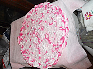 Crochet Doily Hand Made 16 Inch Pink White