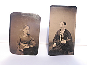 Ferrotype Tintype Photograph Woman Sitting And Young Lady Sitting