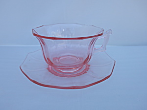 Cambridge Decagon Pink Depression Glass Cup And Saucer Chip