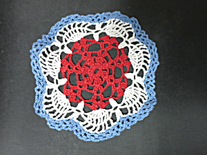 Vintage Crochet Lace Round Doily 8 Inch Red White Blue Patriotic