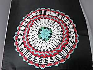 Vintage Crochet Round Doily 3 D Turquoise Green Red White 17 Inch