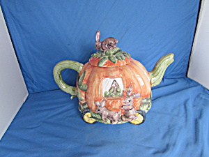Lotus Pumpkin Teapot With Bunnies Porcelain