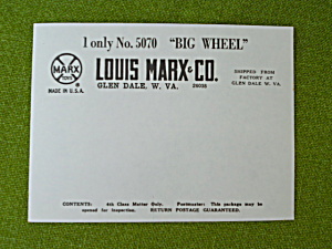 Marx Big Wheel Unused Shipping Label Forms