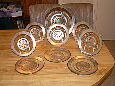 9pc Mcm Georges Briard Glass Silver Damask Floral Plates Cake Dessert