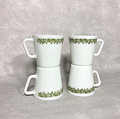 Set Of 4 Vintage 1972-1978 Pyrex Spring Blossom Green 1410 9 Ounce Coffee Mugs