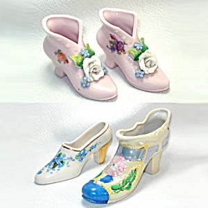 4 Decorative Flowered Porcelain Shoe Slipper Figurines