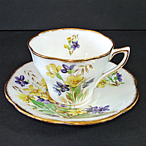 Purple Yellow Violets Bone China Teacup And Saucer