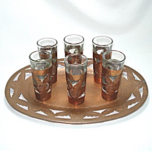 Hand Tooled Copper Over Glass Liqueur Or Cordial Set On Tray