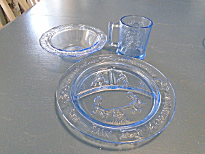 3 Piece Set Of Tiara Indiana Glass In Blue W/mother Goose