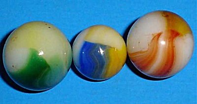 Three Akro Agate Patch Marbles