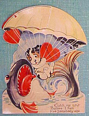 Antique Valentines Card Puppy In Parachute Fold Out