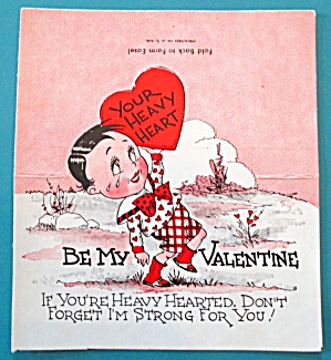 Heavy Heart Valentines Card 1930's Boy Holding Heart