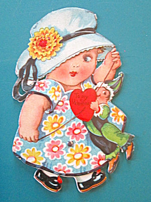 Cute Girl Valentines Card 1930's Mechanical Walker