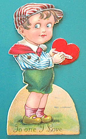 Boy W/pencil Valentines Card 1930's Mechanical
