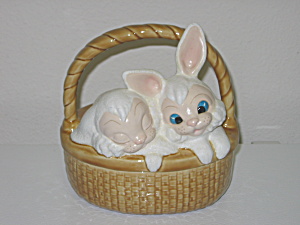 Ceramic Easter Bunny Basket Candy Dish Rabbits On Lid