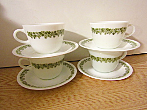 Pyrex Spring Blossom Green Coffee Cups & Saucers