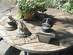 Set Of 2 Vintage Brass Outdoor Lights And 1 Blk Metal