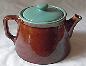 Heavy Stoneware Teapot Green Lid Brown Base