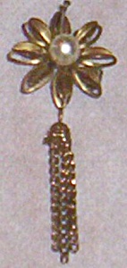 Antique Floral Pin Dangle Tail Faux Pearl Center