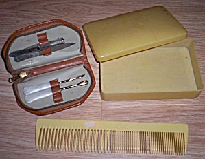 Celluloid Dresser Box Comb And Nail Kit