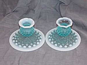 Fenton Blue Opalescent Hobnail Candle Holders