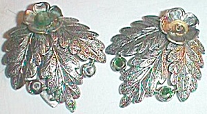 Pair Vintage Dress Clips Large Triple Leaf Green Stones Free Shipping