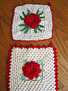 Vintage Crocheted Red Rose Potholders