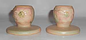 Weller Pottery Pair Wild Rose Candlestick Holders Mint
