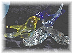 Glass Yellow And Blue Birds On Log