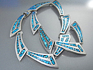 Taxco Mexico Silver Inlay Turquoise Necklace 60s