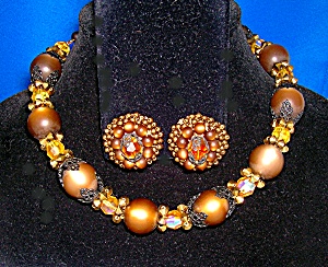 Hobe Bronze Filigree Glass Crystal Necklace Earrings