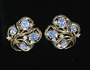 Crown Trifari Gold And Crystal Clip Earrings