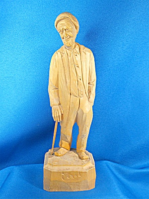 Wood Carving Old Man With Walking Stick, By Caron