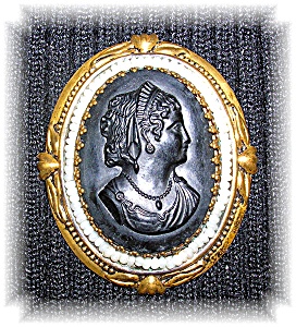 Black Celluloid Pearl And Goldtone Cameo Brooch Pin