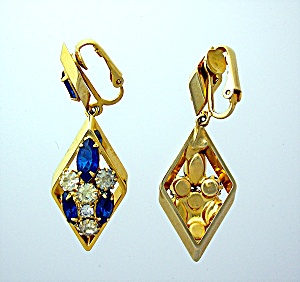 Scrager Sazpphire And Crystal Gold Clip Earrings..
