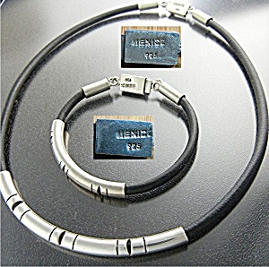 Necklace & Bracelet Sterling Silver Black Leather Mexic