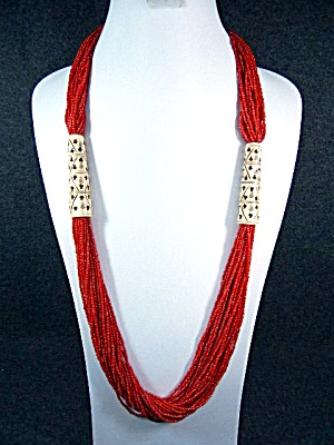 Coral 30 Strand Glass And Bone Necklace 36 Inch