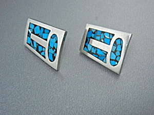 Mexico Silver Turquoise Chip Inlay Pierced Earrings