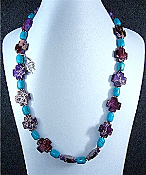 Turquoise Beads Purple Cross Silver Necklace